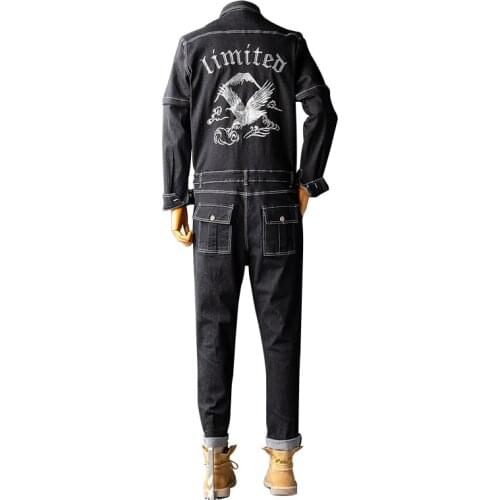Spring Jeans Overalls Men Denim Jumpsuits Retro Lapel Removable Long Sleeve Animal Embroidery Street Casual Pants Black Trousers