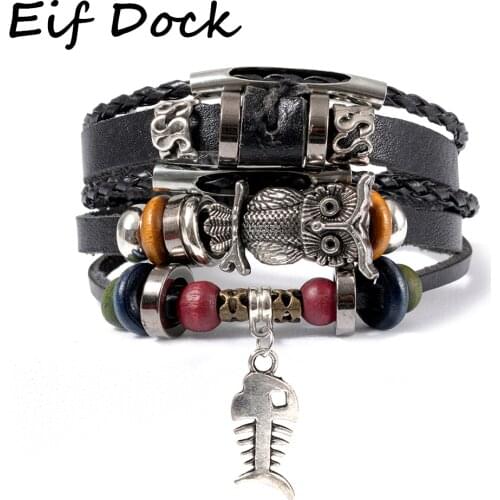 Eif Dock Vintage Black Color Owl Leather Men Charm Bracelet Survival Rope Chain Paracord Bracelets for Women Boho Jewelry Gifts
