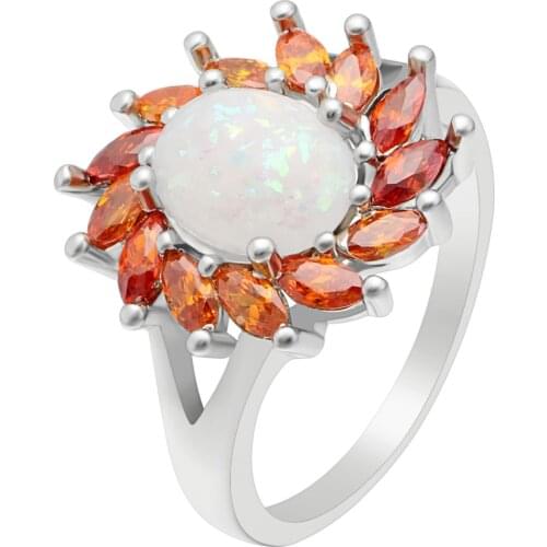 Hainon New Fashion Silver Color Filled White Fire Opal Ring Red AAA Zircon Flower Rings For Women Best Birthday Gift 2017