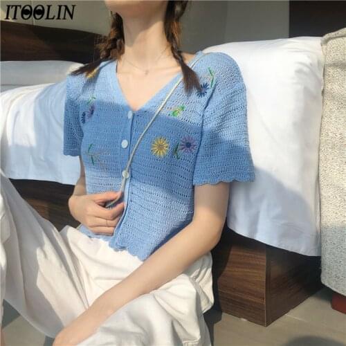 ITOOLIN knit embroidery floral tops womens shirt 2020 Cardigan for women tops Feminine blouse summer button-down shirts women