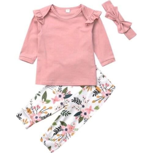 Newborn Baby Girls Clothes Set Infant Cute Ruffled Top Long Pants + Long Sleeve Floral T-Shirt +Headband 3Pcs Clothing Suit