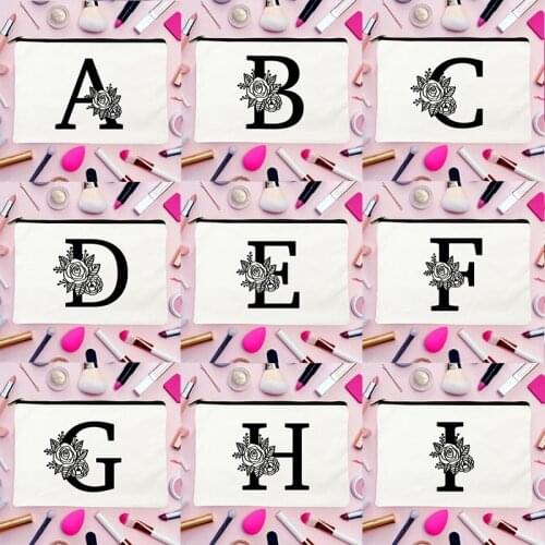 26 Initials Letter Flower Printed Cosmetic Bags Women Makeup Case Travel Toiletry Organizer Wash Bath Storage Pouch Clutch Purse