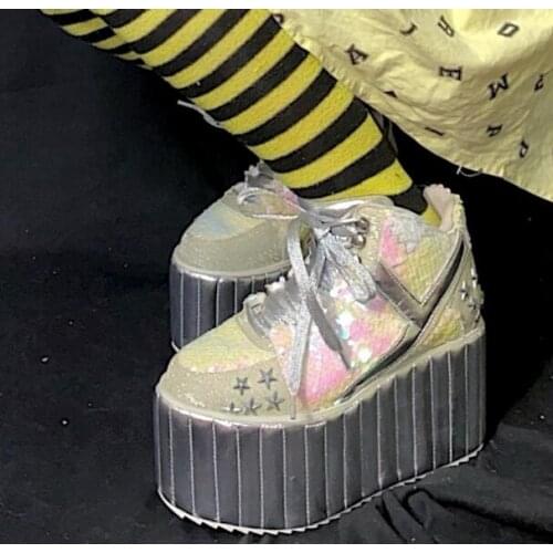 Hot Girls Retro 9 cm Height Increasing Thick Sole Platform Wedge Shoes Woman Lace Up Round Toe Sequins Stars High Top Sneakers