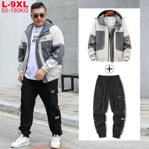 Mens Oversize Xxxxl Coat Male Track Suit 5xl 6xl 7xl 8xl 9xl Large Size Men Sets Tracksuit Harem Cargo Jacket Pants 2 Piece Set