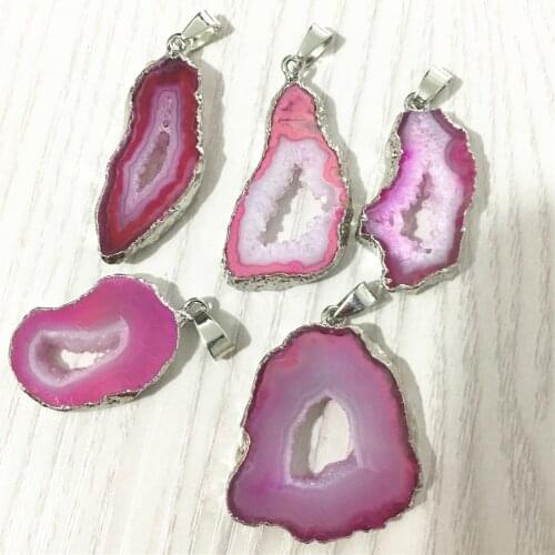 Natural Stone Brazilian Electroplated Edged Slice Open Rose Agates Geode Drusy Druzys Pendants for Necklace Jewelry Making 5PCS