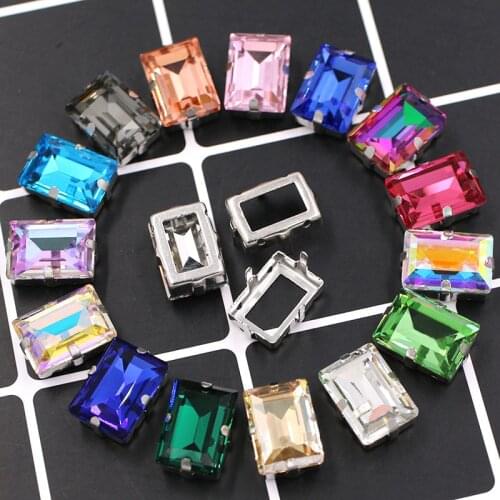 New arrival 10x14mm K9 glass rhinstones crystal rectangle Hollow Sliver base sew on rhinestones for clothing wedding dress