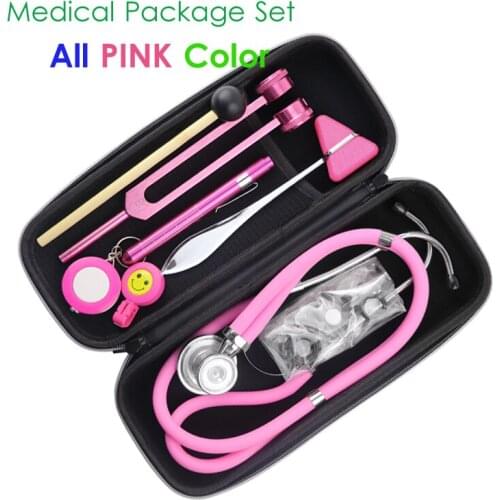 Pink Classic Home Health Monitor Storage Bag Kit with Medical Doctor Stethoscope Tuning Fork Reflex Hammer LED Penlight Tool Kit