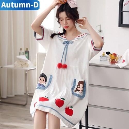 Summer Nightgowns 100% Cotton Nightdress Cartoon Women Sleepwear Short Sleeve Dress Casual Girlish For Home Clothes Large Size