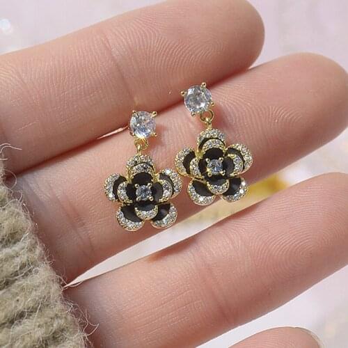 Luxury Cubic Zircon CZ Black Flower Stud Earrings for Women Japanese&Korea New Style 14K Gold Plated Rose Earrings