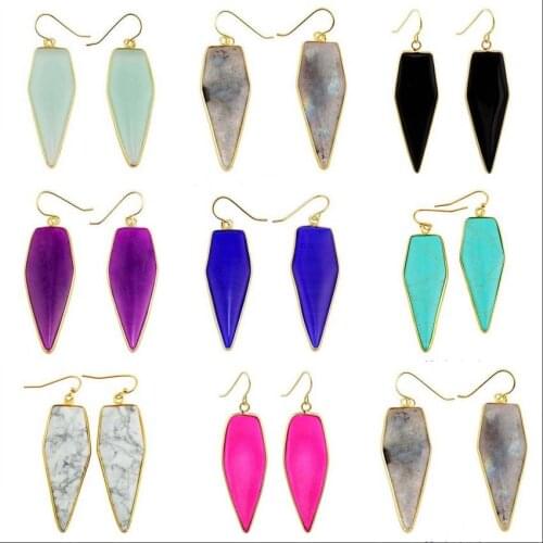 KFT Natural Crystal Stone Dangle Hook Earrings Labradorite Agates Sword Shape Dangle Ear Hook Women Stone Earring Jewelry