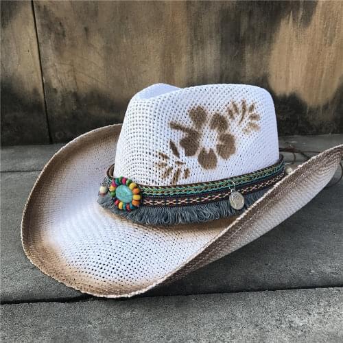Fashion Women Painting Hollow Western Cowboy Hat Lady Straw Sombrero Hombre Straw Cowgirl Jazz Sun Caps Size 56-58CM