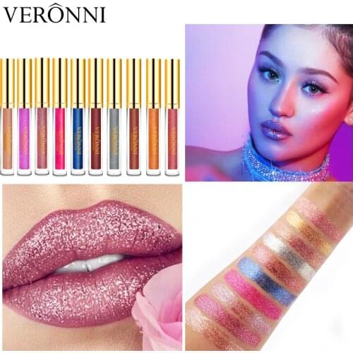 VERONNI 10 Colors Glitter Shimmer Matte Lips Make Up Liquid Lipstick Waterproof Long Lasting Shimmer Women Beauty Lipstick