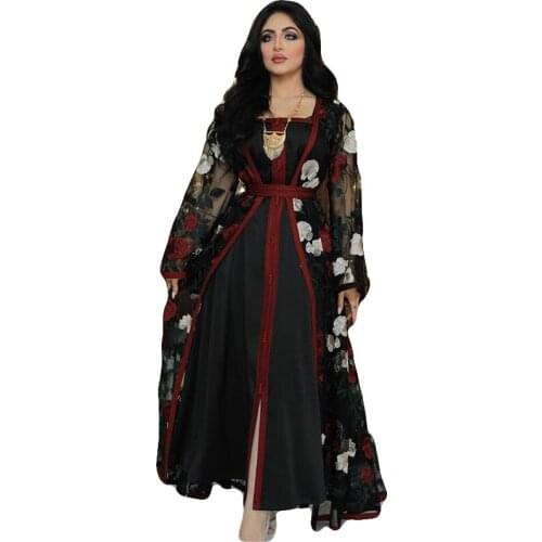 Embroidered Lace Mesh Dress Abaya Muslim Sets 2 Pcs Dubai Arabic Turkish Noble Kaftan Evening Islamic Women Prayer Robe