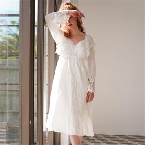 Nightdress female spring and summer long retro princess style long-sleeved lace Sleepwear skirt sexy home service white пижама