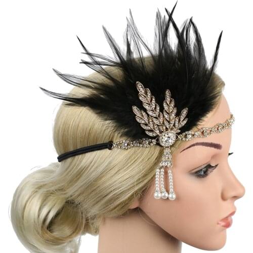 1920s Flapper Headband Feather Headpiece Roaring 20s Great Gatsby Inspired Leaf Medallion Pearl Headband Women Hair Accessories