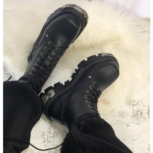 Moraima Snc Winter Riding boots Woman Square Toe Lace-up Thick Heels Boots Sexy Black Motorcycle Leather Boots Rivets Shoes