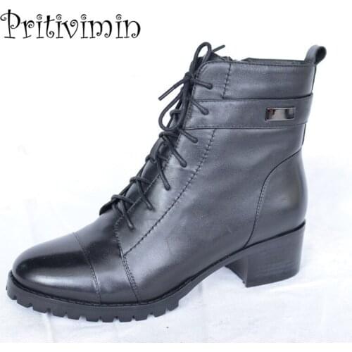 2018 Women winter warm short ankle boot ladies thick heel real fur lined lace up boot girl leather handmade shoe Pritivimin FN36