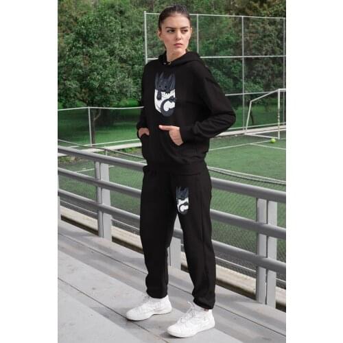 Angemiel Wear Baby Dragon Women Tracksuit Set Black Hooded Sweatshirt Black Sweatpants