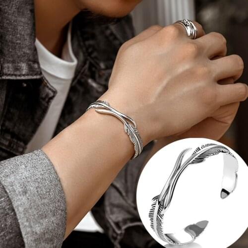 1PcsTibetan Silver Retro Feather Shape Cuff Bangle Adjustable Classic Bracelet for Men Women Jewelry Gift Accessories Party