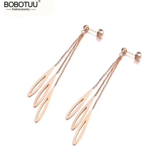 BOBOTUU New Original Design Titanium Stainless Steel 3Pcs Water Drop Tassel Earrings For Women Bohemia Dangle Earrings BE19202