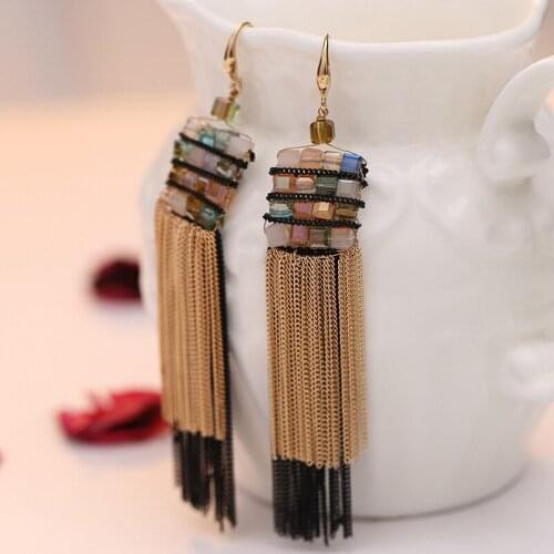 Double Layer Tassel Dangle Earrings Crystal Beaded Square Statement Long Earrings For Women Trendy Handmade Gold Earrings 2019