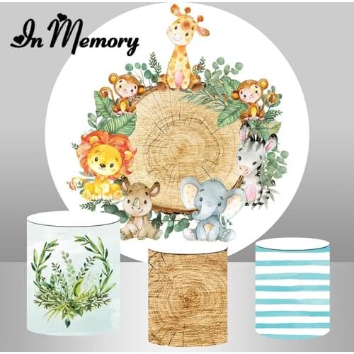 InMemory Wood Animals Safari Jungle Round Backdrop Cover Baby Shower Newborn Boys 1st Birthday Party Background Plinth Covers