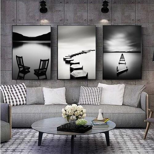 Black and White Landscape Canvas Painting Stone Wooden Bridge Posters Wall Art Print Pictures for Living Room Home Decor