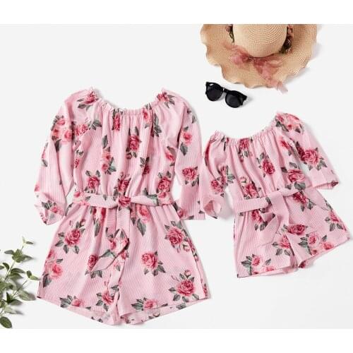 Off-shoulder Rompers Jumpsuit Family Matching Outfits Flower Printed Mommy and Me Family Clothing Set Long Toddler Girl Clothes