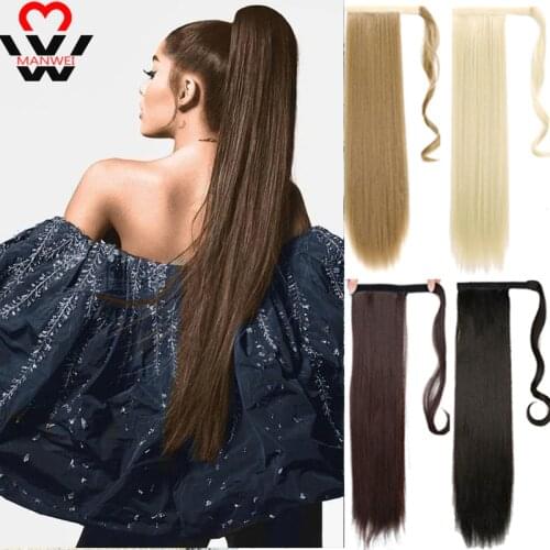 MANWEI Women Ponytail Hair Extension Wig Clip in Straight Kinky Curly Long Synthetic Wrap Around Pony Tail Black Hairpiece
