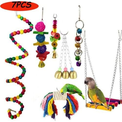Cute 7PCS/Set Parrot Birds Toy Kit Swing Hanging Bells Wooden Bridge Accessories Bird Toy Standing Training Pet Tool