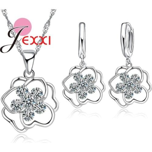 Fashion Silver Necklace Earrings Set Multilayer Flower Clear Crystal Jewelry Women Elegant Wedding Birthday Gifts