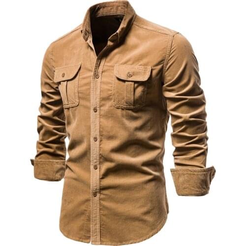 Fad New Single Breasted 100% Cotton Mens Shirt Business Casual Vogue Solid Color Corduroy Men Shirts Autumn Slim Shirt Men