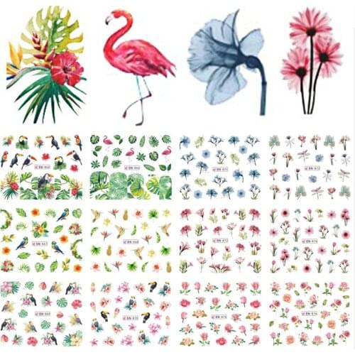 MYBORMULA 12 Designs Nail Art Sticker Summer Jungle Flamingo Parrot Flora Watermark Water Transfer Decals Decoration Wraps NEW
