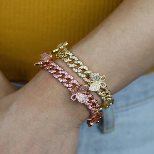 Cheaper wide band Hip Hop Bling Iced Out butterfly charm cuban chain Bracelet cz paved Miami Cuban link Chain Bracelet for women
