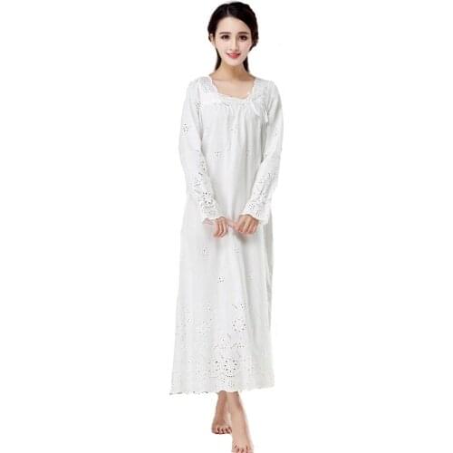 Palace Style Nightgown Women 100% Cotton Long Sleeve Embroidery lengthen Sleepshirt Noblest Princess Lengthen Dress Home Wear