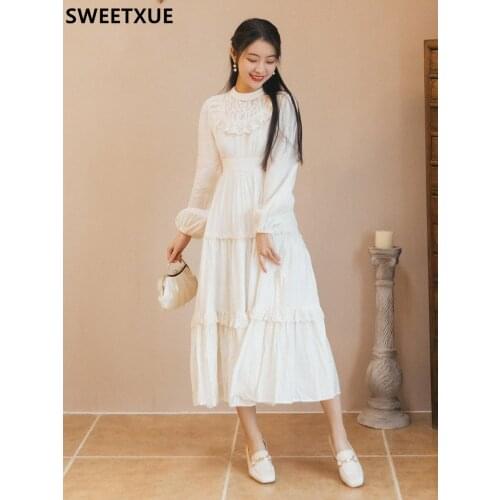 SWEETXUE 2021 Spring New French Retro Literary High-Waist Lace Patchwork White Dress Lantern Sleeve Fairy Kawaii Dress Casual