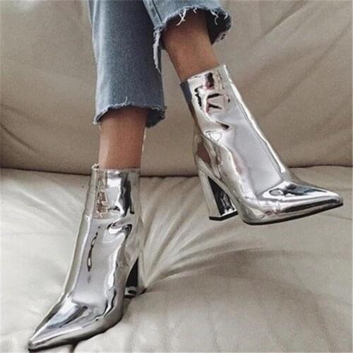 2021 New arrival patent leather fabric pointed thick heel high heel zipper knight boots woman shoes high heels sexy