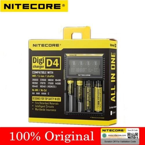 Original Nitecore D4 Battery Charger LCD Smart Charging for 18650 14500 16340 26650 Batteries 12V Charger for A AA AAA Batteries
