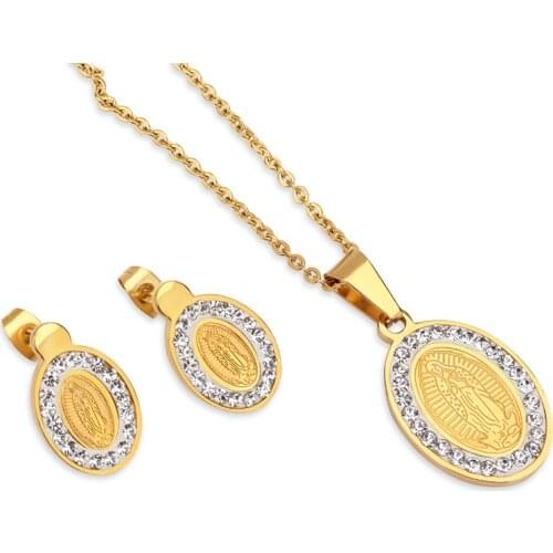 FairLadyHood Virgin Mary Jesus Earrings Necklace Women Stainless Steel Jewelry Gold Color Jewelry For Women Birthday