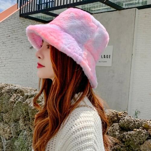 Tie-Dyeing Winter Bucket Hat Plush Warm Womens Hat Fashion Furry Outdoor Fishermans Hat