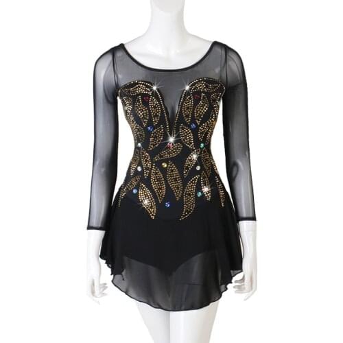 Figure Skating Dress Women girl Ice Skating Dress Long-sleeved Gymnastics Costume custom leaf rhinestone B018