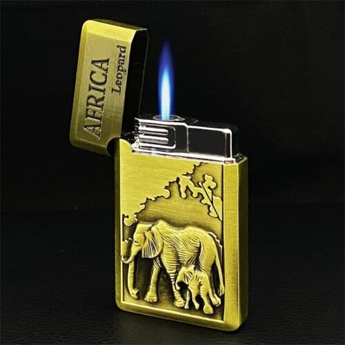 Retro Embossed Metal Lighter Butane Gas Blue Torch Turbo Jet Lighter Crisp Sound Personality MenS Cigarette Accessories