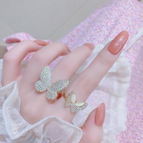 Luxury Crystal Butterfly Adjustable Rings for Women New Fashion Brand Jewelry Zirconia Gift Shell Insect Rings