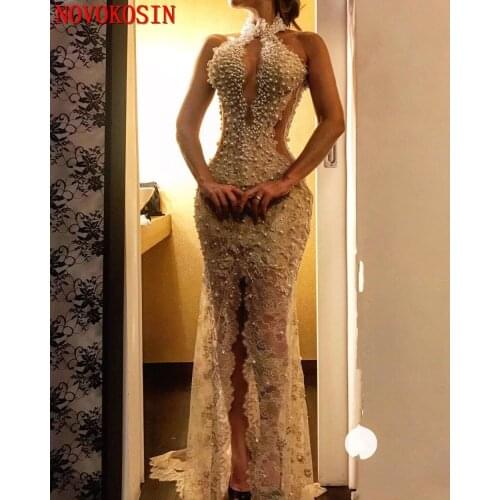 Sexy Lace Long Party Dresses Fake Pearls Mermaid Evening Gowns Halter Floor Length Formal Split Front Transparent Prom Dress