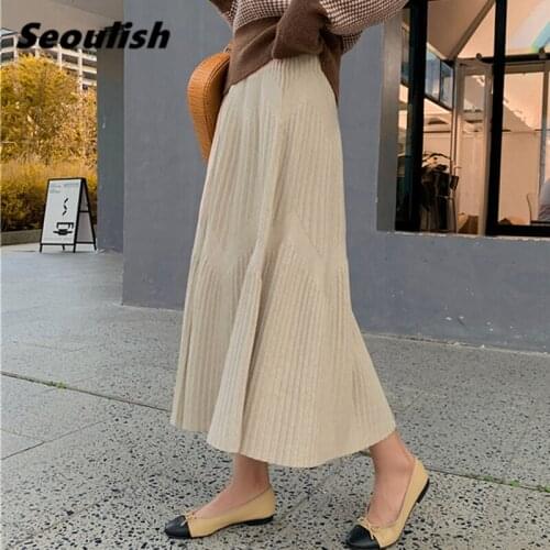 Seoulish Autumn Winter Thicking Warm Knitted Long Skirts New 2021 Women Solid High Waist Umbrella Skater Long Skirts Female