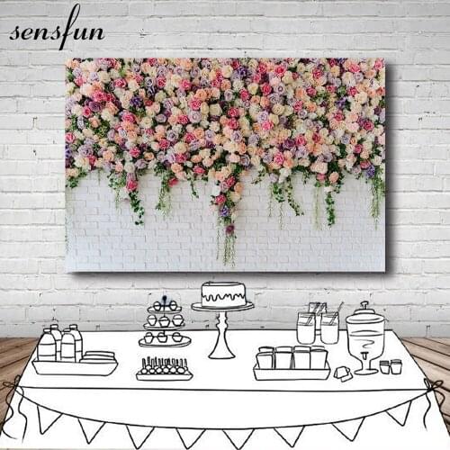 Sensfun Wedding Flowers Photography Backgrounds White Brick Wall Lady Birthday Party Backdrops For Photo Studio Custom Photocall