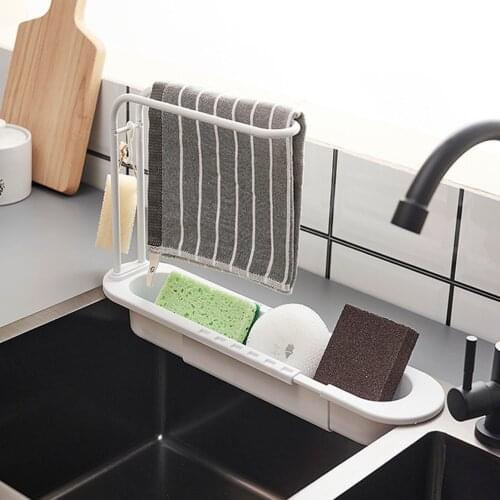 Telescopic Sink Holder Expandable Sponge Holder Drainer Sink Tray Ventilated Drain With Towel Bar For Keep The Fabric Dry