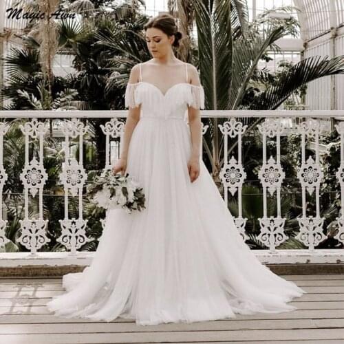 Magic Awn Charming Boho Wedding Dresses Lace Tulle Open Back Beach Bride Dress Plus Size A-Line Abito Da Sposa 2021