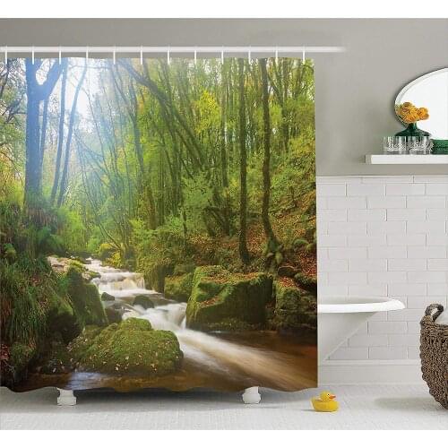 Woodland Decor Shower Curtain Forest Scene at Golitha Falls Nature Reserve On The River Fowey Bath Curtains for Bathroom Decor