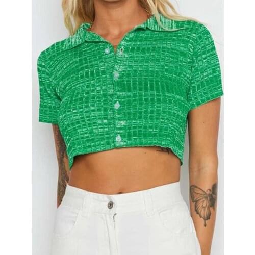 Fashion Knitted Crop Tops Women Summer 90s Soild Color Button T-shirts Short Sleeve Turn Down Collar Slim Tops Streetwear
